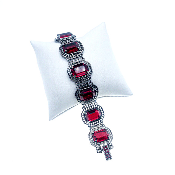 Swarovski Jewelry - Swarovski Ruby Red Crystal Art Deco Gunmetal Statement Bracelet 7.5" Boxed